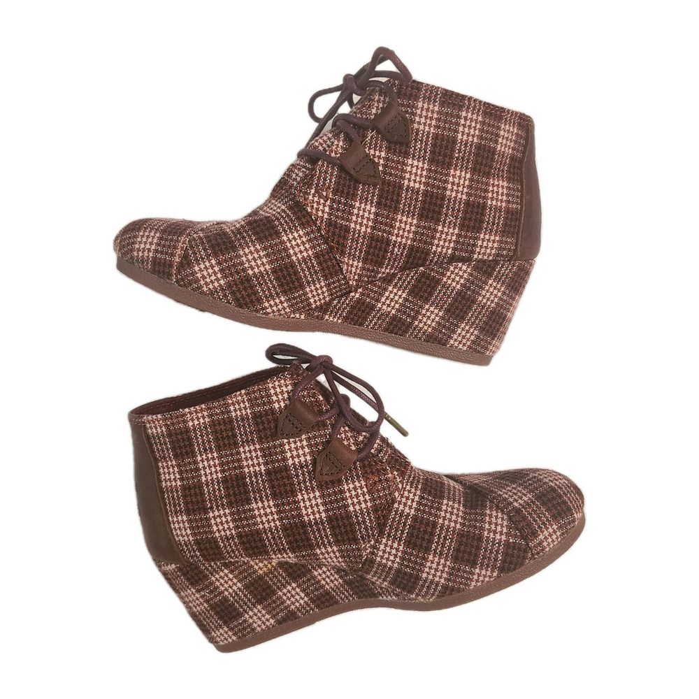Toms Vintage Women's Wedge Kala Booties 7.5 Burgundy White Black Plaid Suade